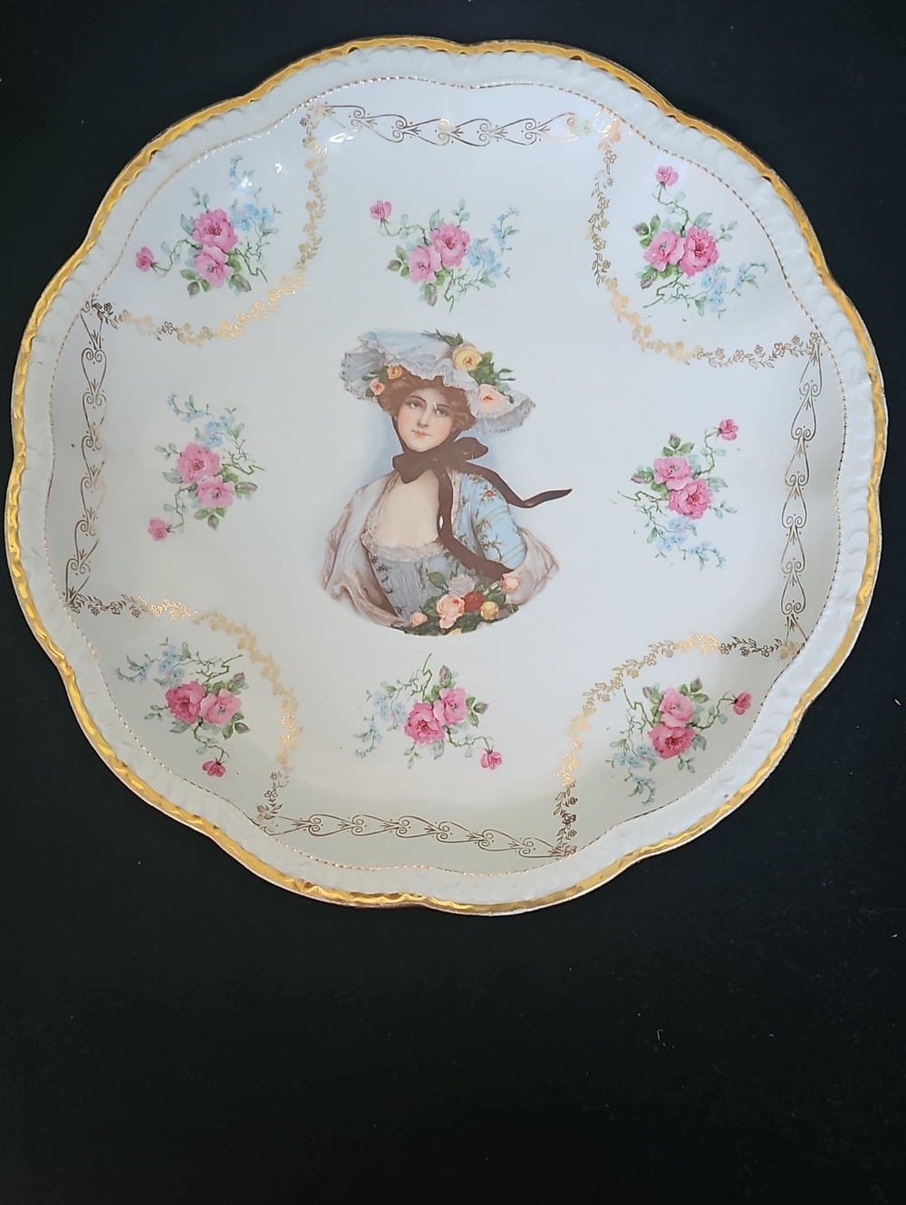 Victorian Crescent White Serving Plate with Pink Roses and Gold Trim